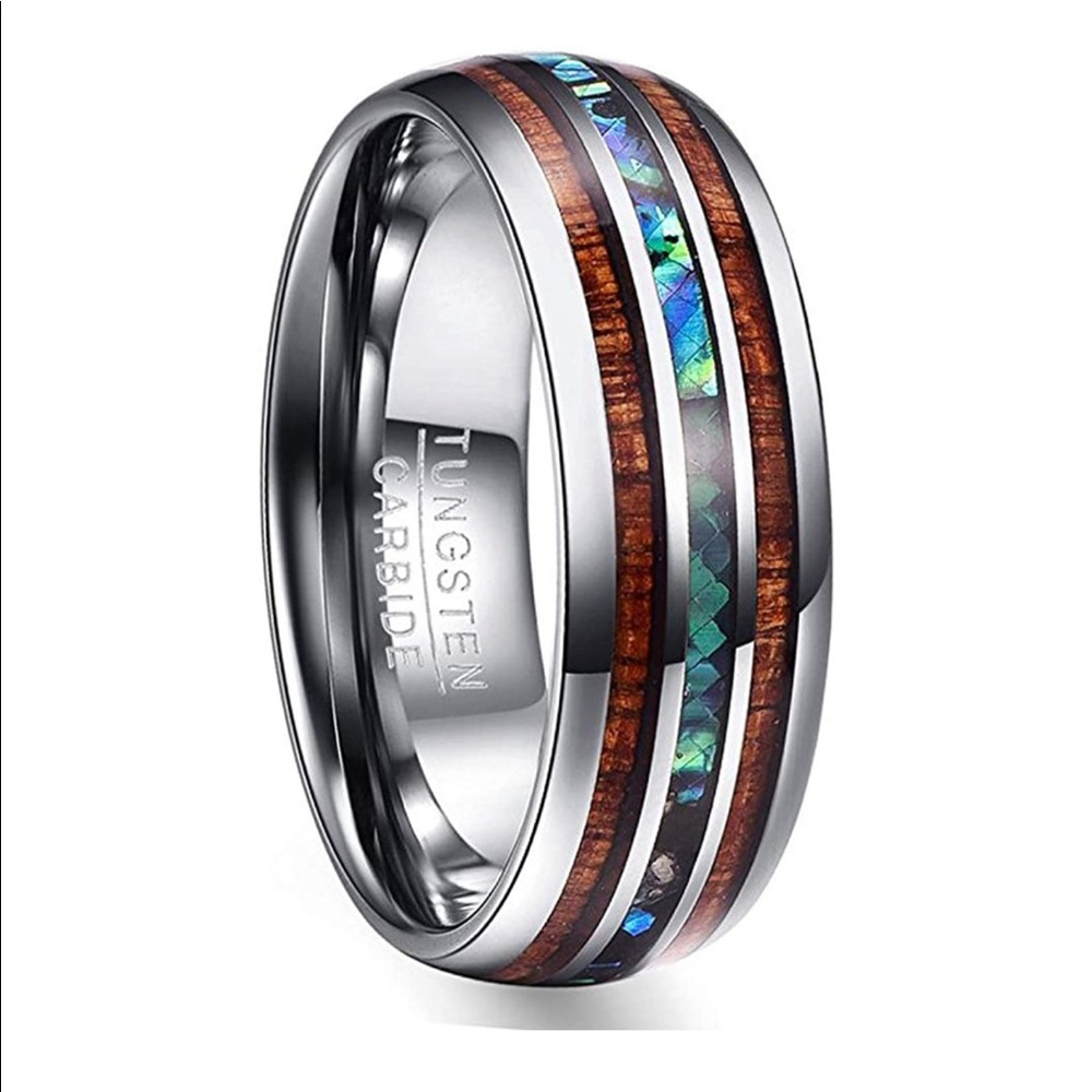 Men's Inlay Ring with Brown Wood and Blue Abalone